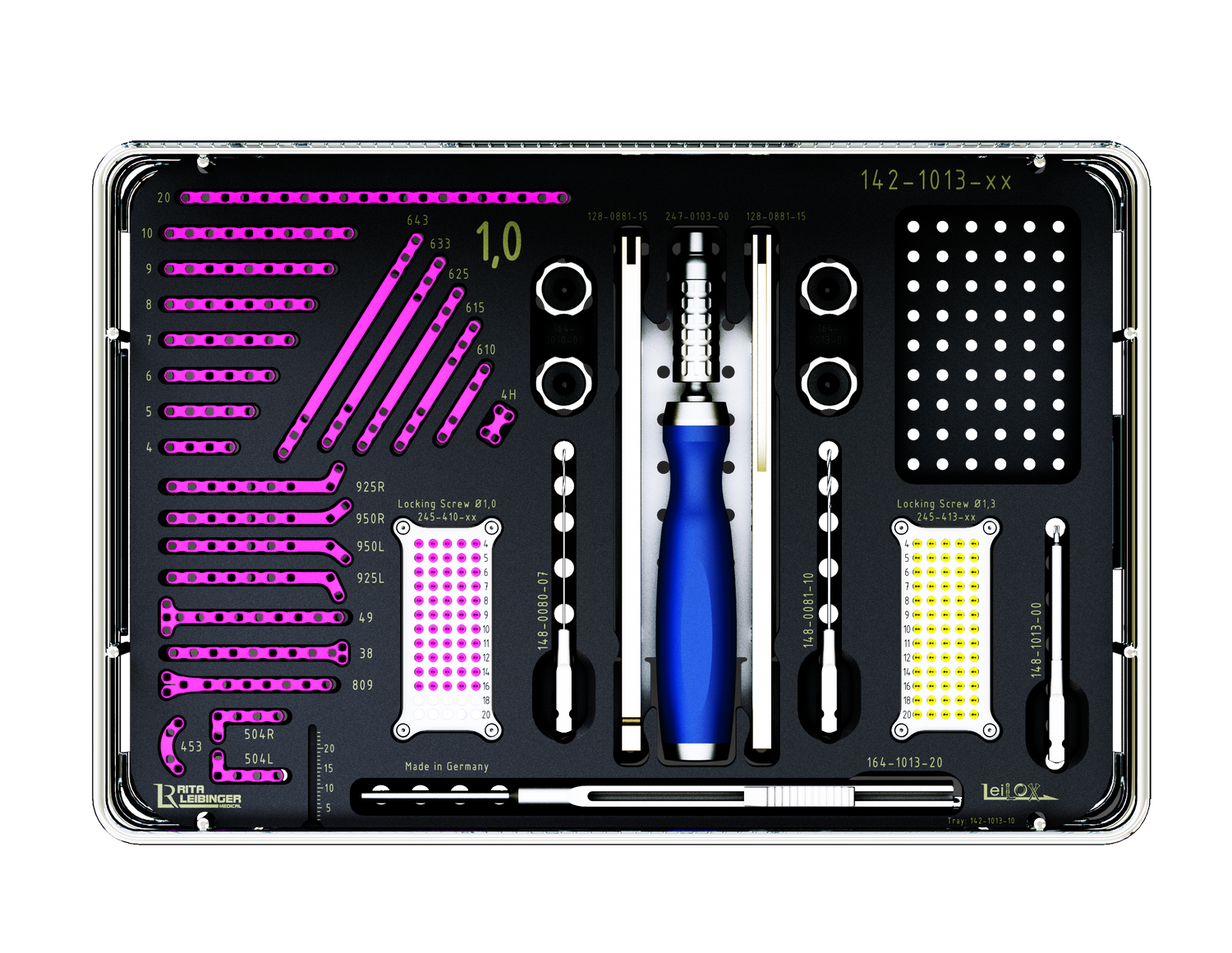 Tray for 1.0/1.3 Fracture Locking Implants and Instruments (without contents, with lid)